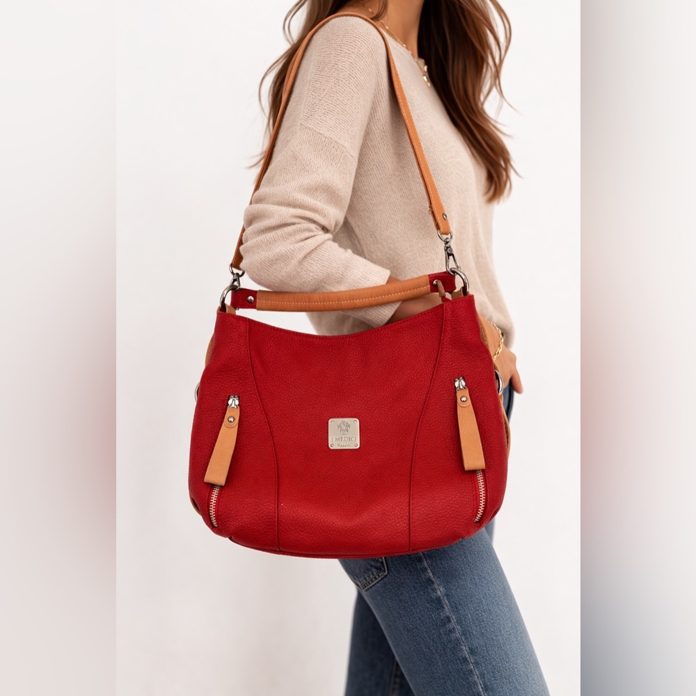 I Medici Firenze Red Pebbled Leather Shoulder/Hobo Purse Tan Strap